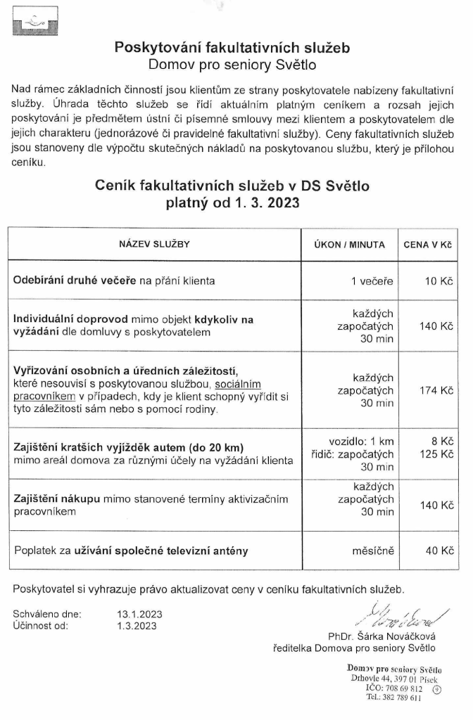 Ceník fakultativních ceník od 1.3.2023